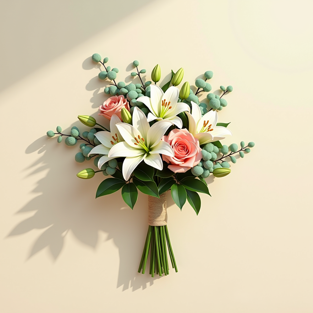 Eleganter handgebundener Blumenstrauß mit frischen Rosen, Lilien und Eukalyptus in zarten Pastelltönen, professionell arrangiert auf cremefarbenem Hintergrund mit natürlichem Licht