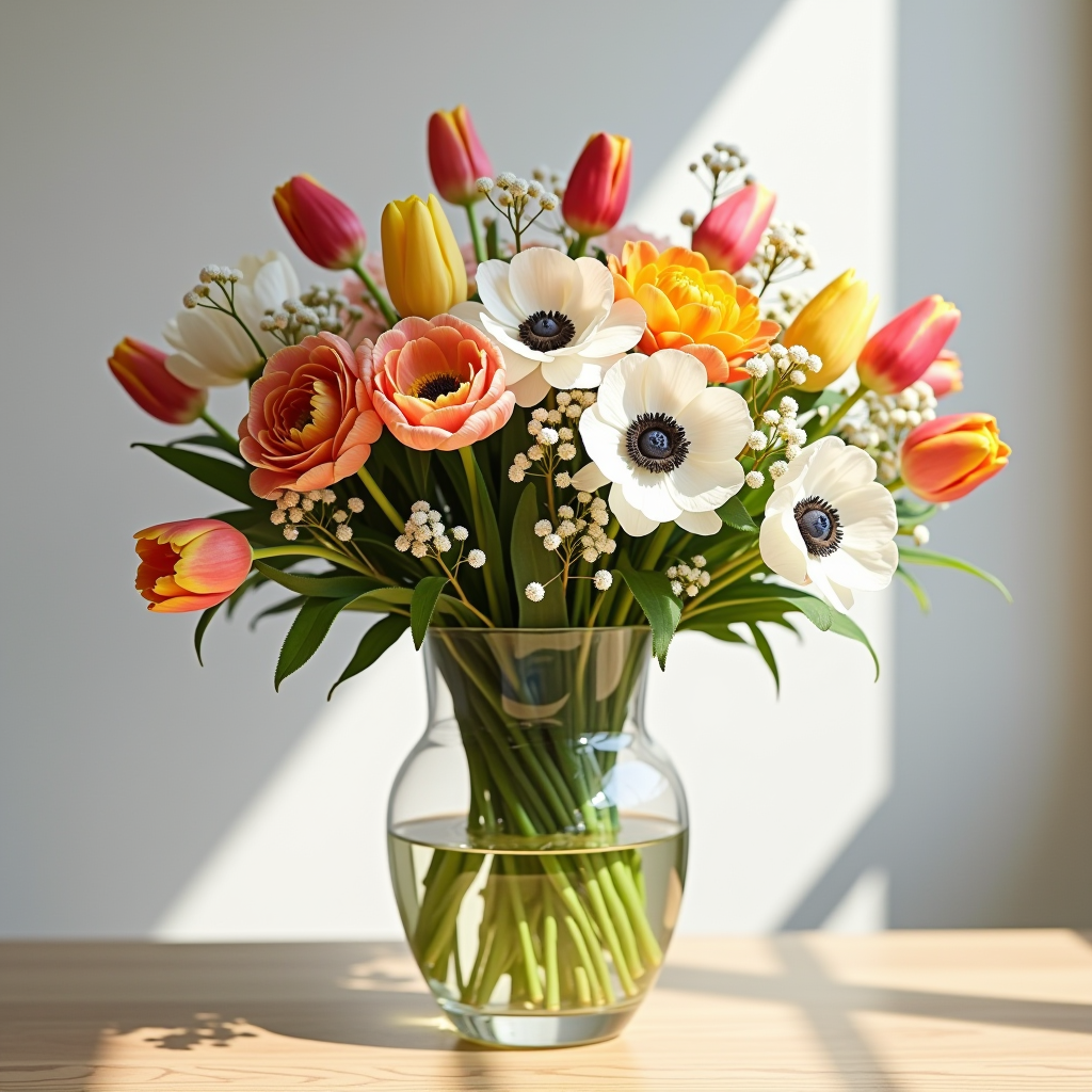 Elegantes Frühlingsblumen-Arrangement mit bunten Tulpen, zarten Ranunkeln und Anemonen in einer modernen Vase auf einem hellen Holztisch, natürliches Tageslicht, professionelle Blumenfotografie