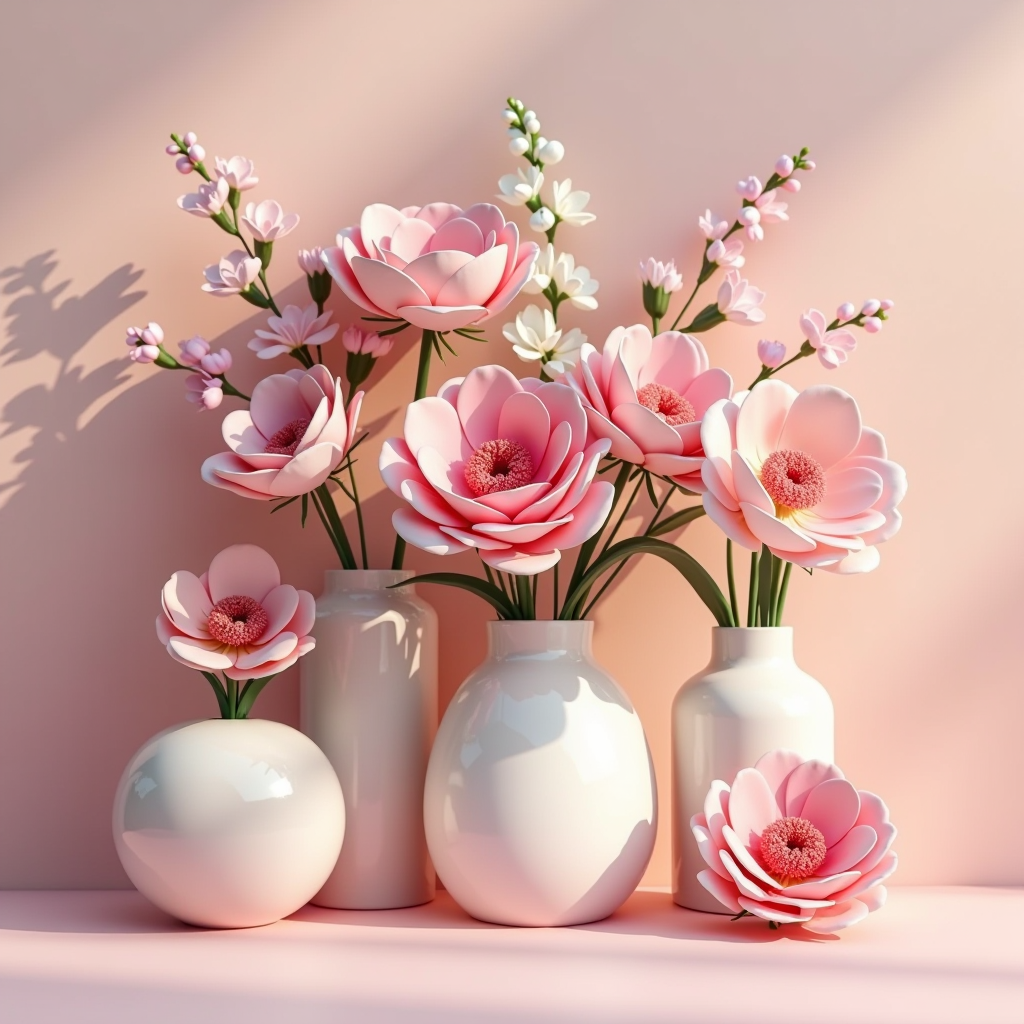 Moderne Valentinstag-Blumenarrangements mit verschiedenen Blumensorten in sanften Pastelltönen, kreativ arrangiert in eleganten Vasen, Nahaufnahme mit weichem natürlichem Licht