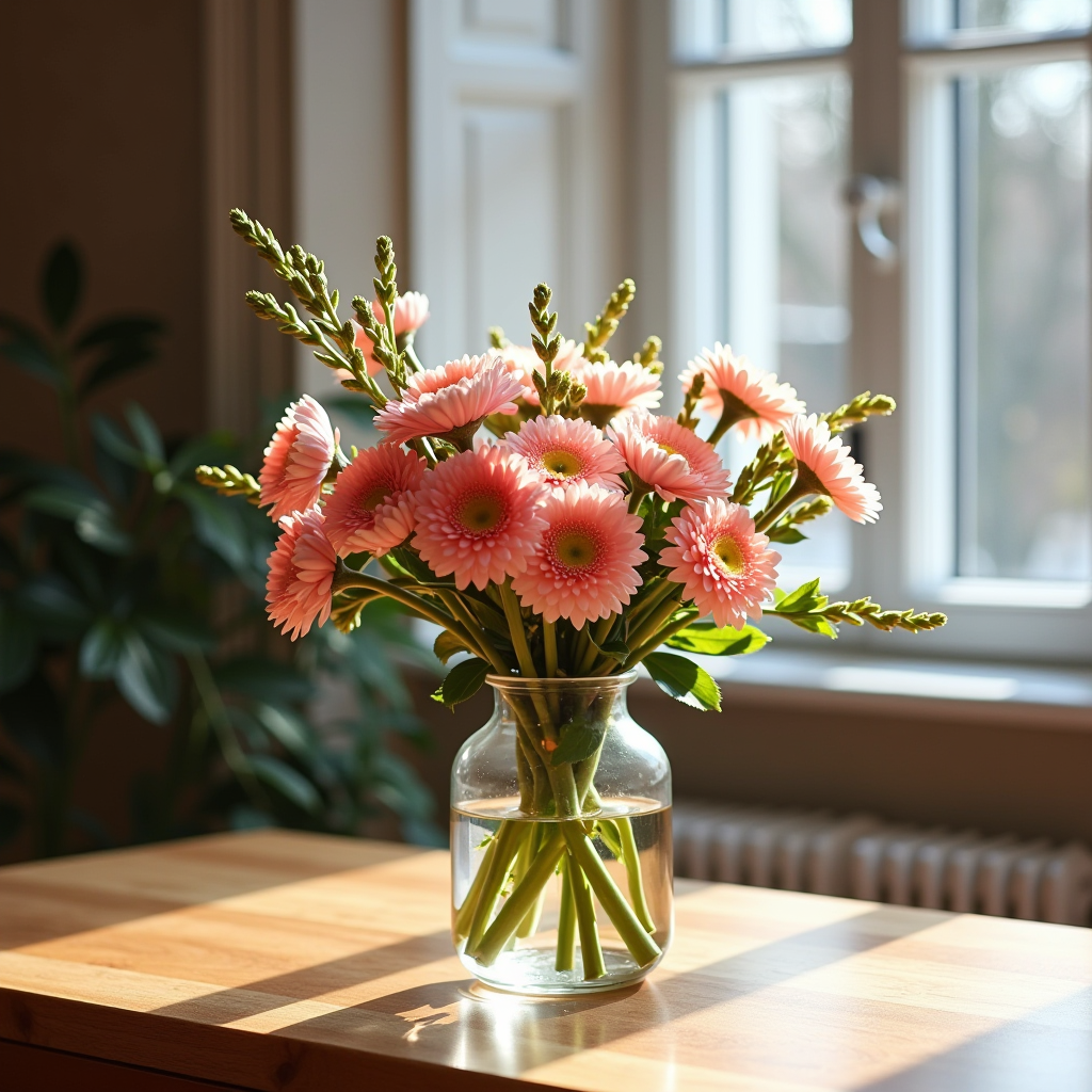 Frische Schnittblumen in eleganter Glasvase auf Holztisch bei winterlichem Tageslicht, warme Atmosphäre mit natürlichem Licht, professionelle Blumenfotografie