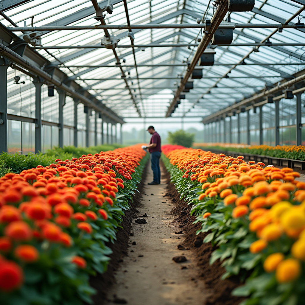 Weitläufiges Gewächshaus einer deutschen Gärtnerei mit Reihen bunter Blumen in voller Blüte, moderne Bewässerungssysteme und natürliches Sonnenlicht durch Glasdach, Gärtner bei der Pflege der Pflanzen