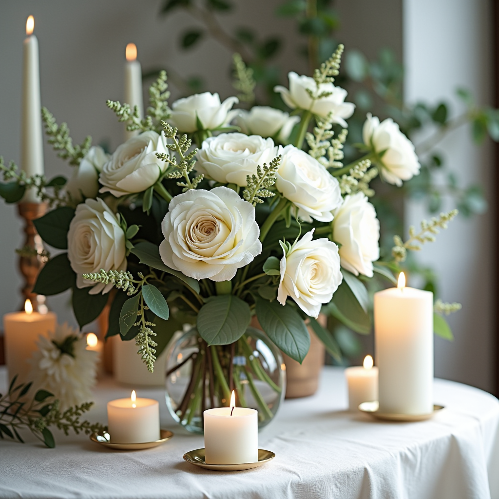 Elegante Hochzeitsfloristik mit weißen Rosen, Pfingstrosen und grünem Eukalyptus, Brautstrauß im Vintage-Stil, romantische Tischdekoration mit Kerzen und Blumenarrangements für Hochzeitszeremonie