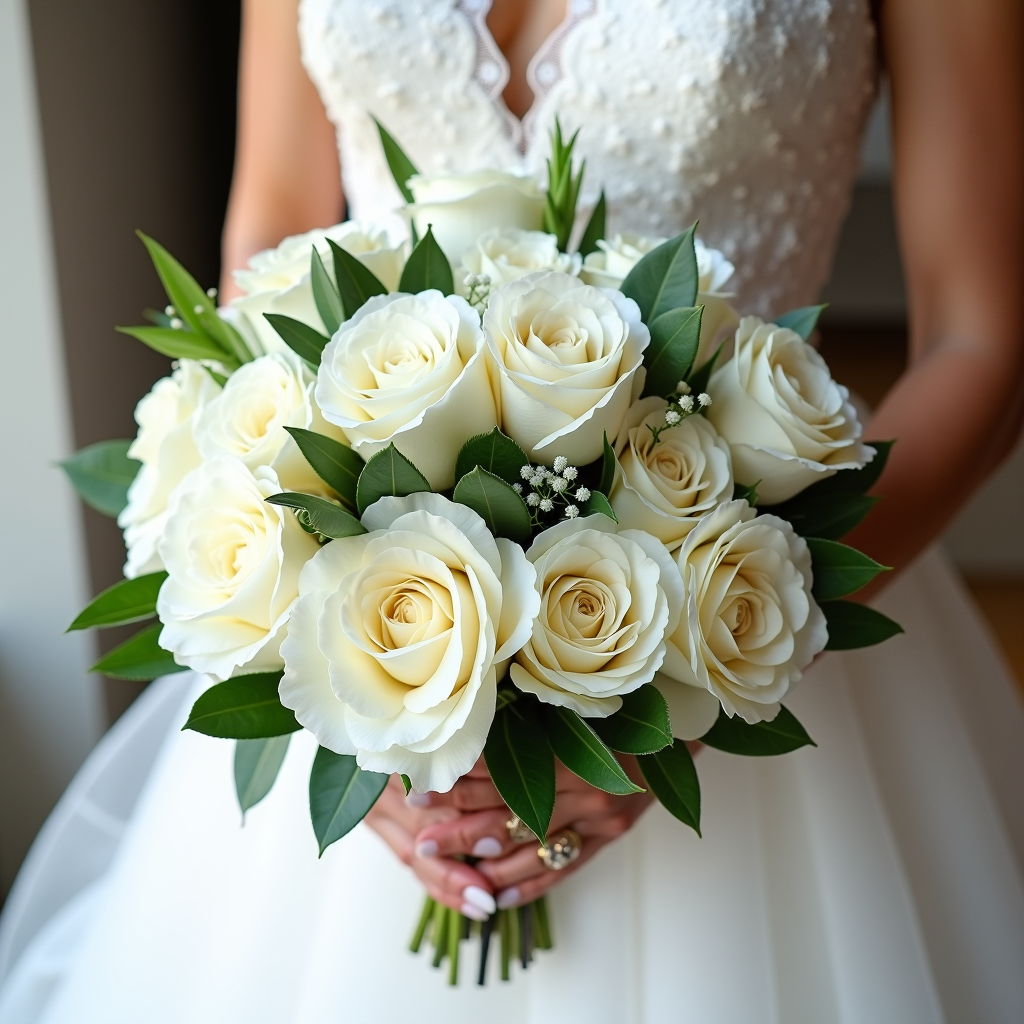 Eleganter Brautstrauß aus weißen Rosen und Pfingstrosen mit grünen Akzenten, gehalten von Braut in weißem Spitzenkleid, natürliches Licht, romantische Hochzeitsatmosphäre