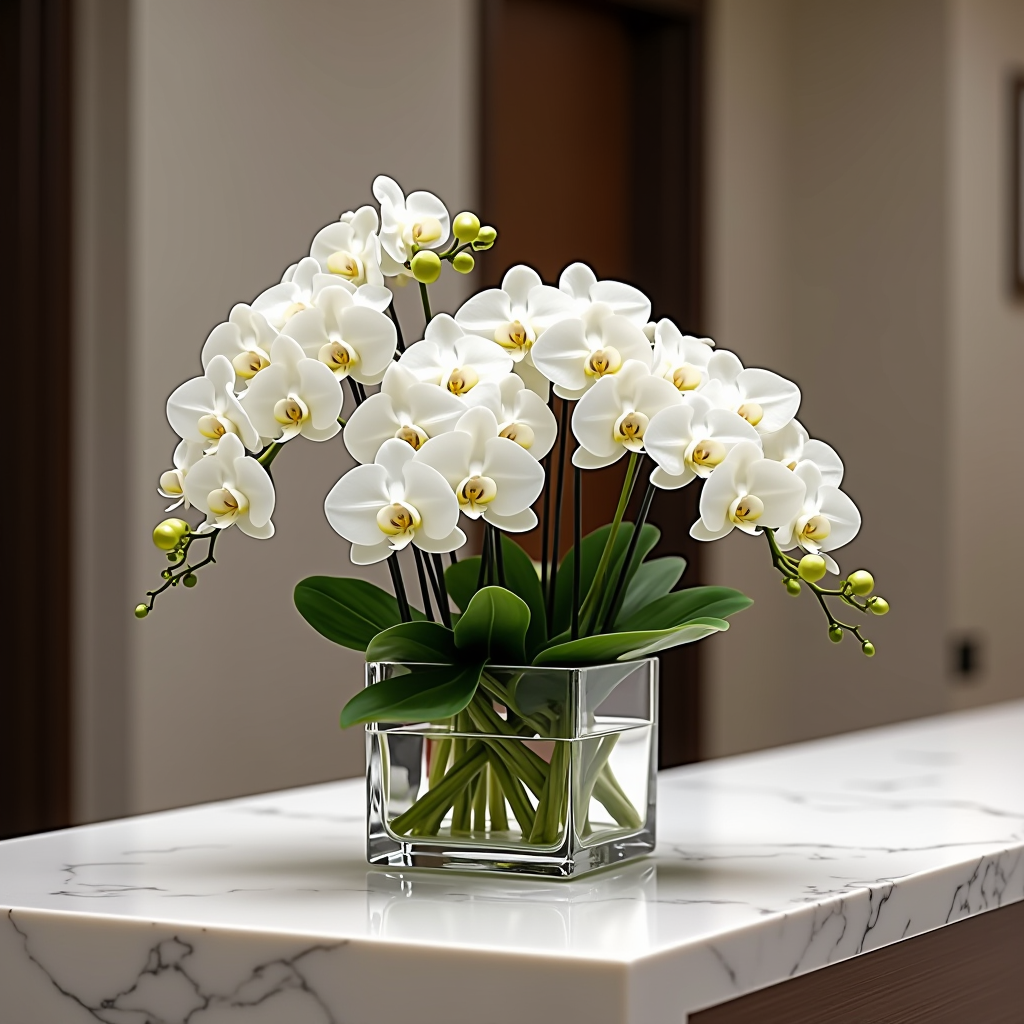 Elegantes florales Arrangement für Unternehmensempfang mit weißen Orchideen, grünen Blättern und modernem Glasgefäß auf Empfangstheke