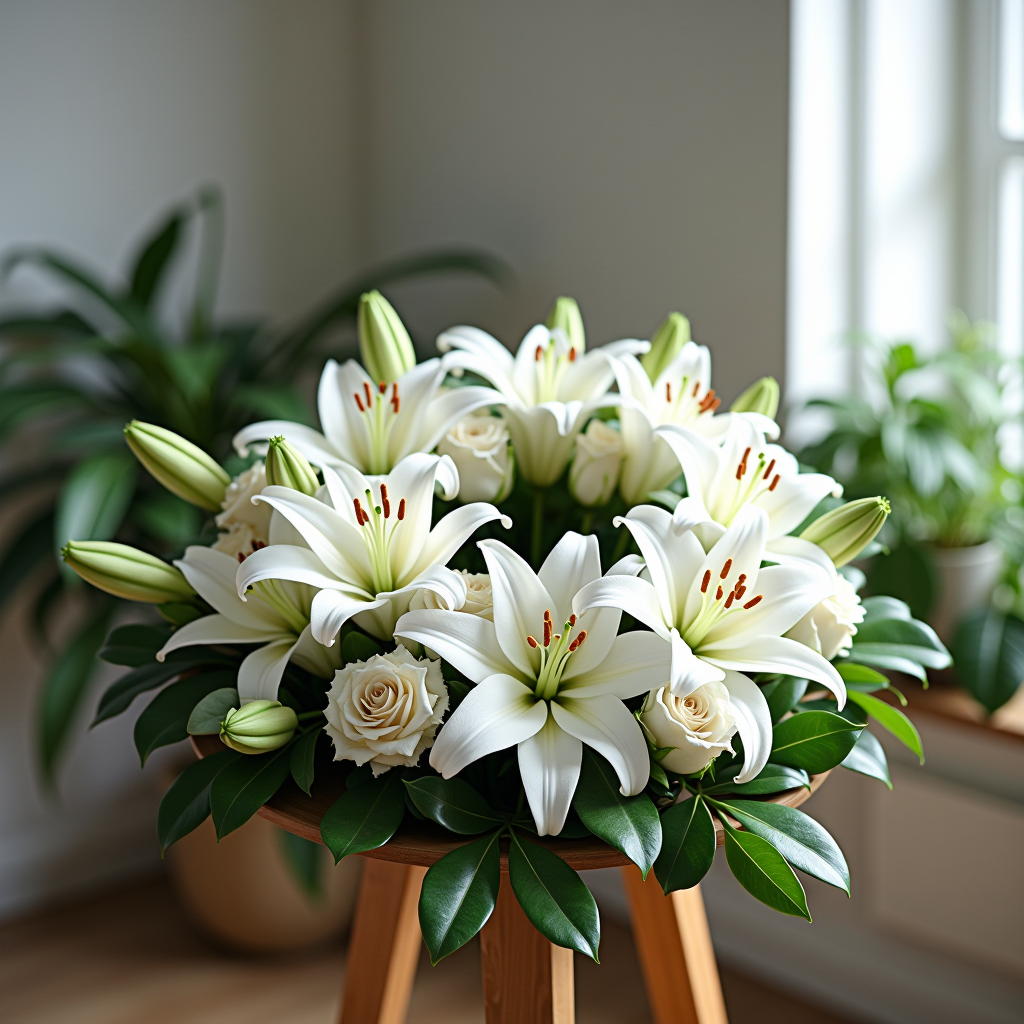Eleganter weißer Trauerkranz mit Lilien, Rosen und grünen Blättern auf einem Holzständer in einer ruhigen, würdevollen Umgebung mit sanftem natürlichem Licht