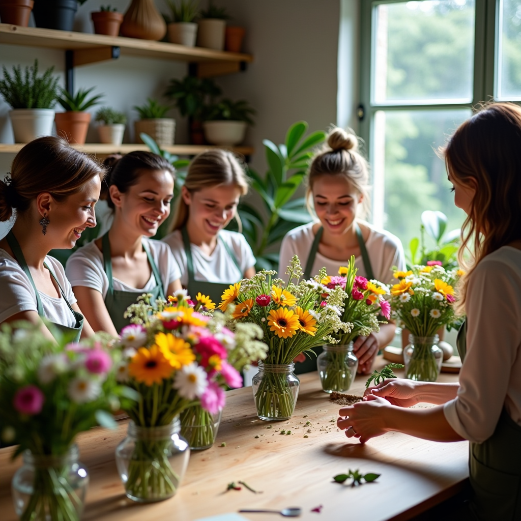 Gruppe von Frauen bei einem Floristik-Workshop, die gemeinsam an einem großen Holztisch bunte Blumensträuße binden, professionelle Floristin zeigt Techniken, helle und freundliche Atmosphäre mit natürlichem Licht