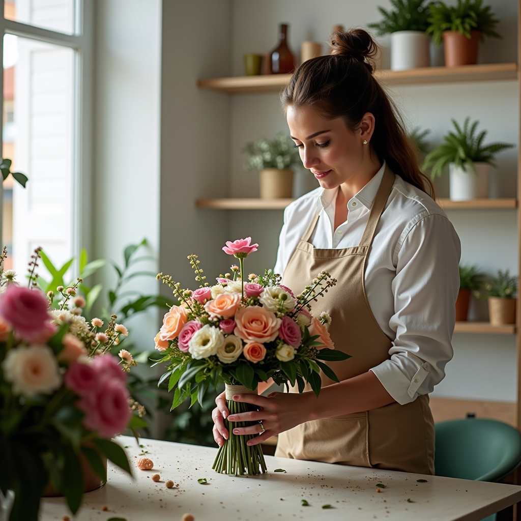 Professioneller Florist beim handgebundenen Arrangieren eines luxuriösen Blumenstraußes in einer hellen, modernen Werkstatt mit frischen Blumen im Hintergrund