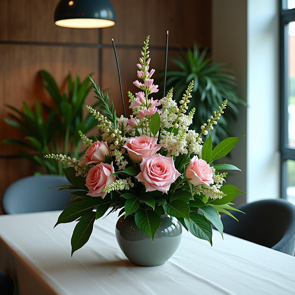 Professionelle Blumenarrangements für Firmenveranstaltungen, moderne Bürobegrünung mit großen Grünpflanzen, elegante Tischdekorationen für Gala-Events, stilvolle Blumengestecke für Produktpräsentationen in Konferenzräumen