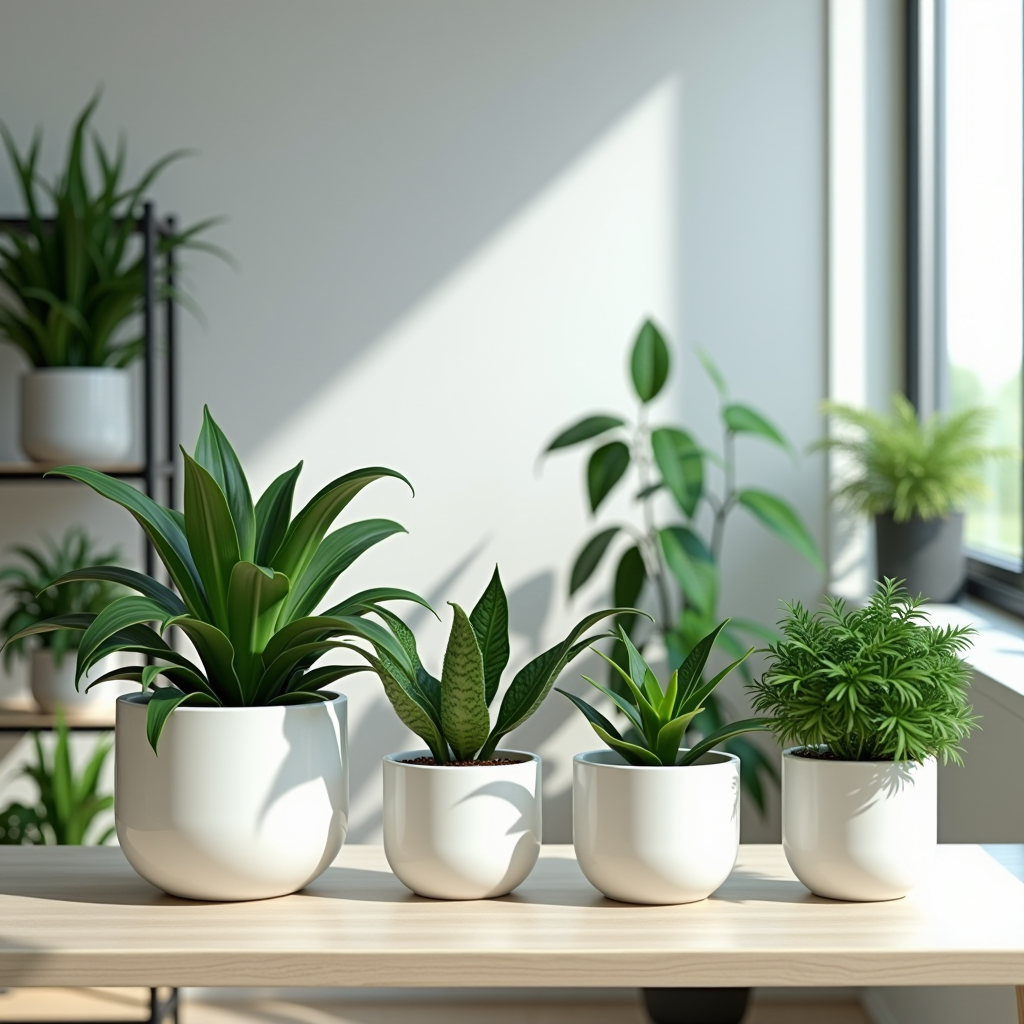 Moderne Bürobegrünung mit verschiedenen Grünpflanzen in eleganten weißen Keramikgefäßen auf Schreibtisch und Regalen