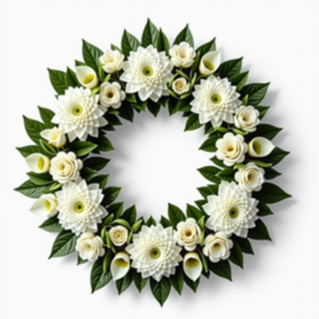 Klassischer runder Trauerkranz mit weißen Chrysanthemen, Lilien und grünen Blättern, gebunden auf einem Kranzrohling mit Schleife