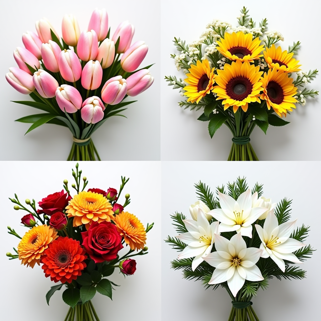 Elegante Collage von vier verschiedenen saisonalen Blumensträußen: Frühlingstulpen in Pastellfarben, sommerliche Sonnenblumen und Rosen, herbstliche Dahlien in warmen Tönen und winterliche weiße Amaryllis mit Tannenzweigen, professionell arrangiert