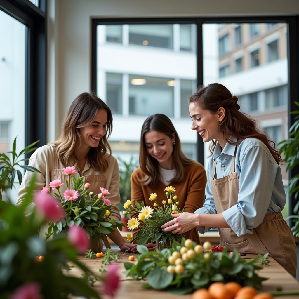 Fröhliches Team bei einem Firmen-Workshop, Kollegen arbeiten zusammen an Blumenarrangements, moderne Büroatmosphäre mit großen Fenstern, kreative und entspannte Stimmung