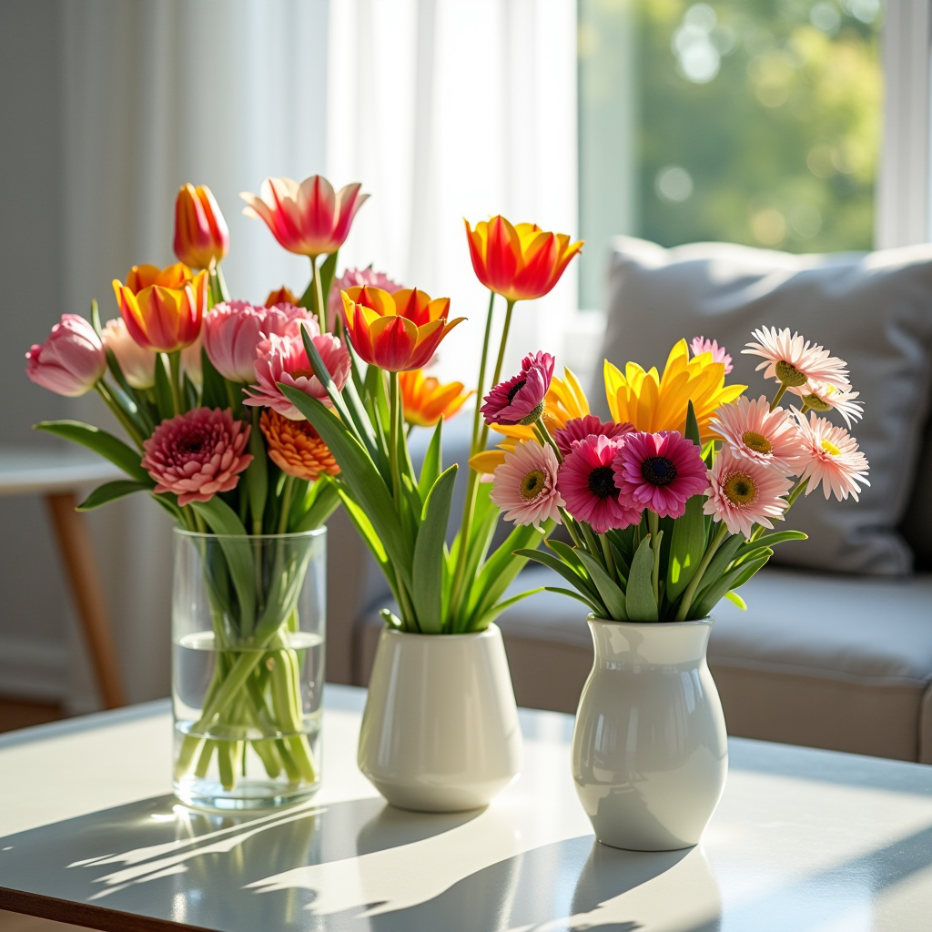 Farbenfrohe Frühlingsblumen-Arrangements mit Tulpen, Ranunkeln und Anemonen in modernen Vasen, präsentiert in einem hellen, zeitgenössischen Wohnraum mit natürlichem Licht