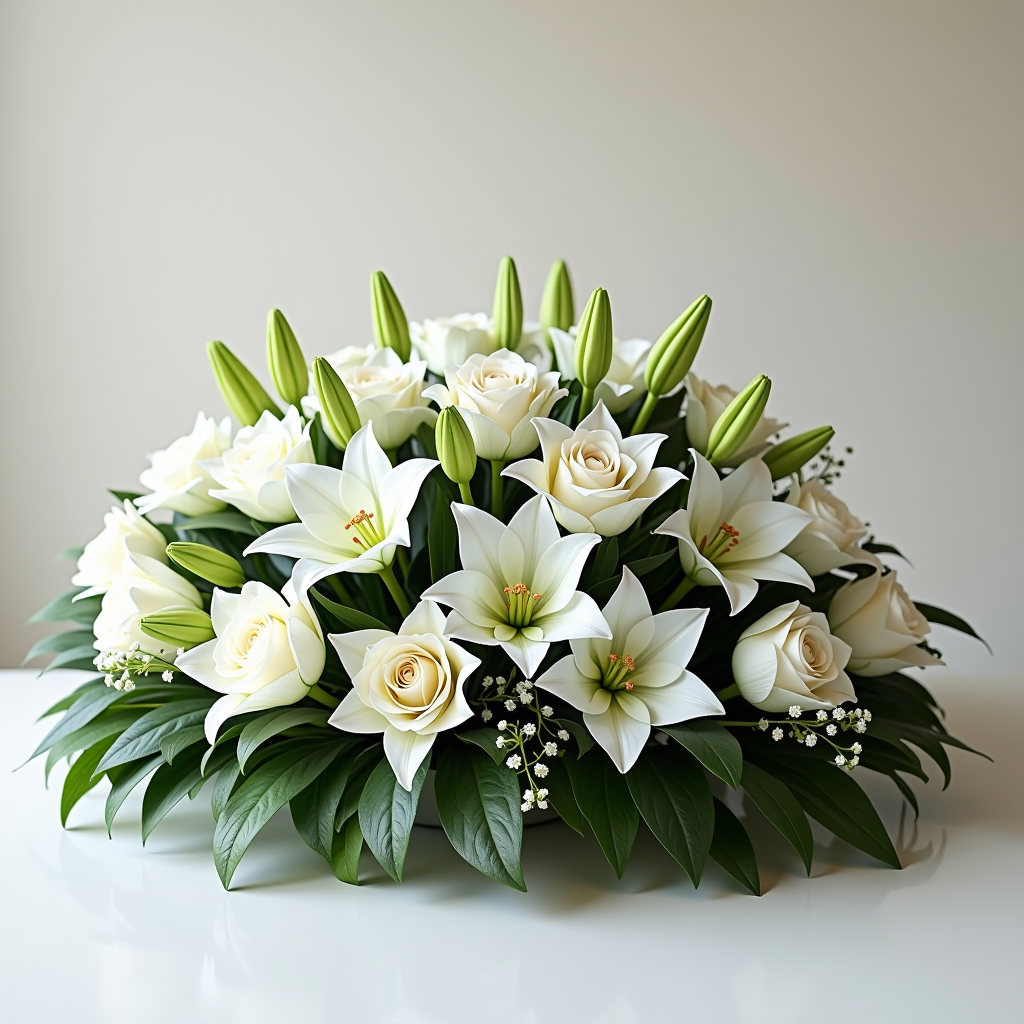 Würdevolle Trauergestecke mit weißen Lilien und Rosen, eleganter Trauerkranz mit Schleifen, Sargschmuck in gedämpften Farben, einfühlsame Blumenarrangements für Beerdigungen und Gedenkfeiern
