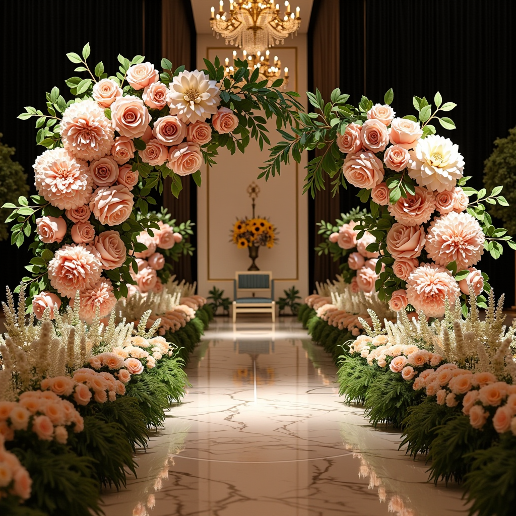 Luxuriöse Event-Dekoration mit großen Blumenarrangements aus Rosen, Hortensien und Eukalyptus für Gala-Veranstaltung