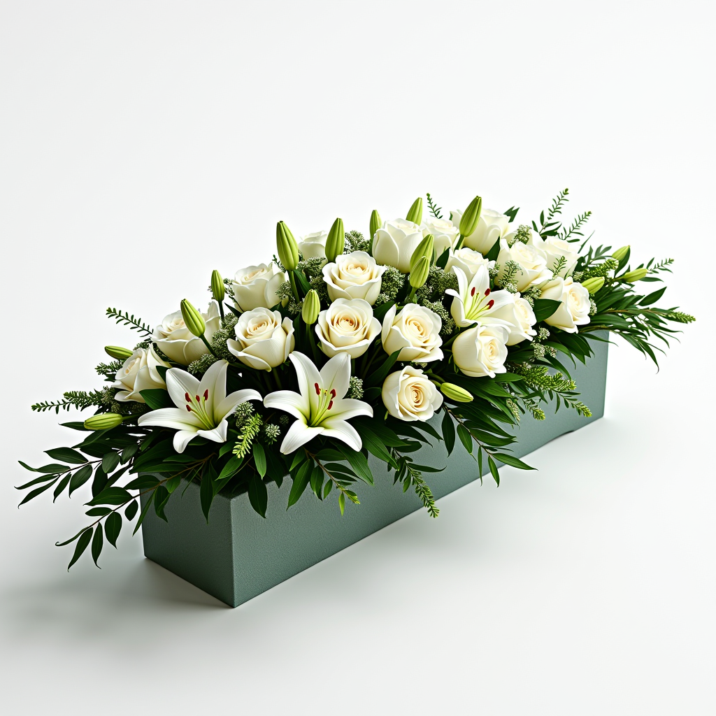Elegantes Trauergesteck mit weißen Rosen, Lilien und Grün in einer länglichen Form auf Steckschaum, dekorativ arrangiert