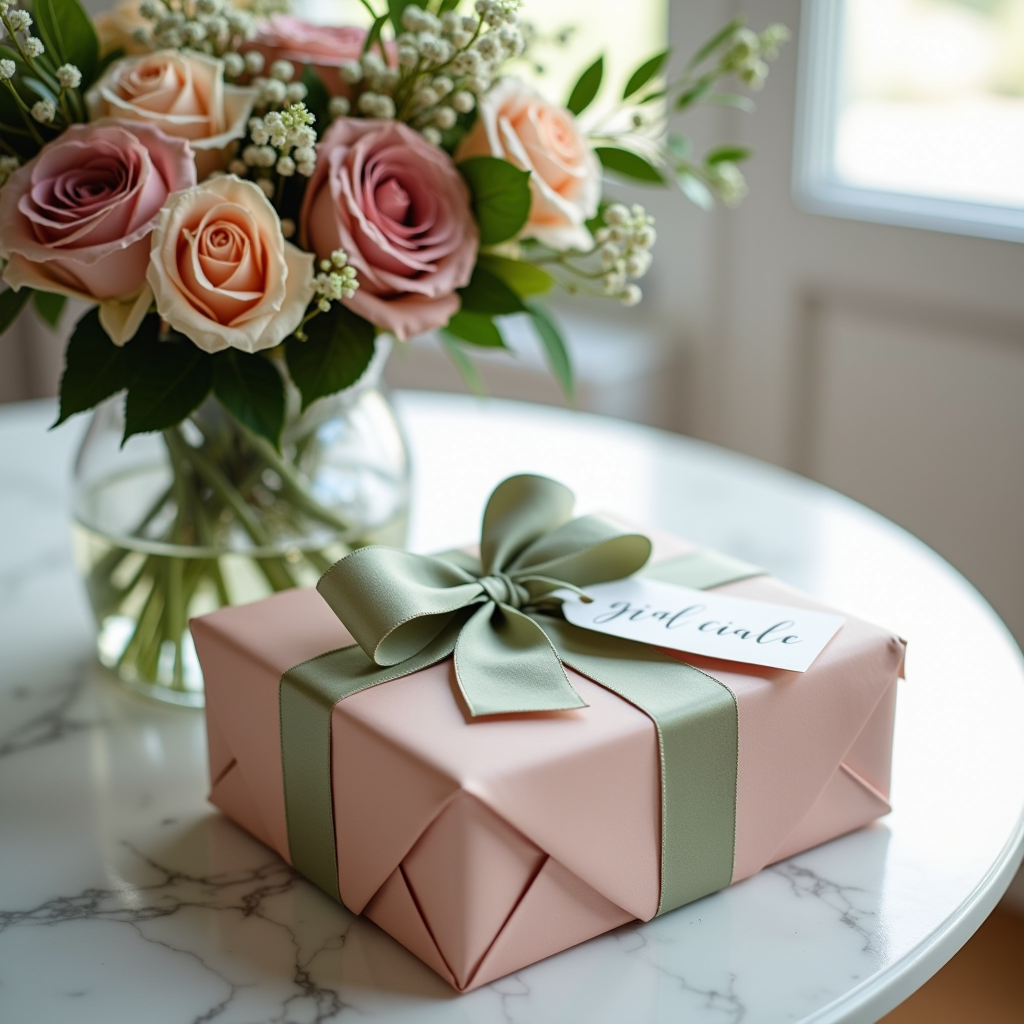 Elegante Geschenkverpackung mit einer wunderschönen Geschenkkarte und einem frischen Blumenstrauß, dekoriert mit Seidenband in Sage-Grün und Dusty-Rose, auf einem stilvollen Tisch mit natürlichem Licht