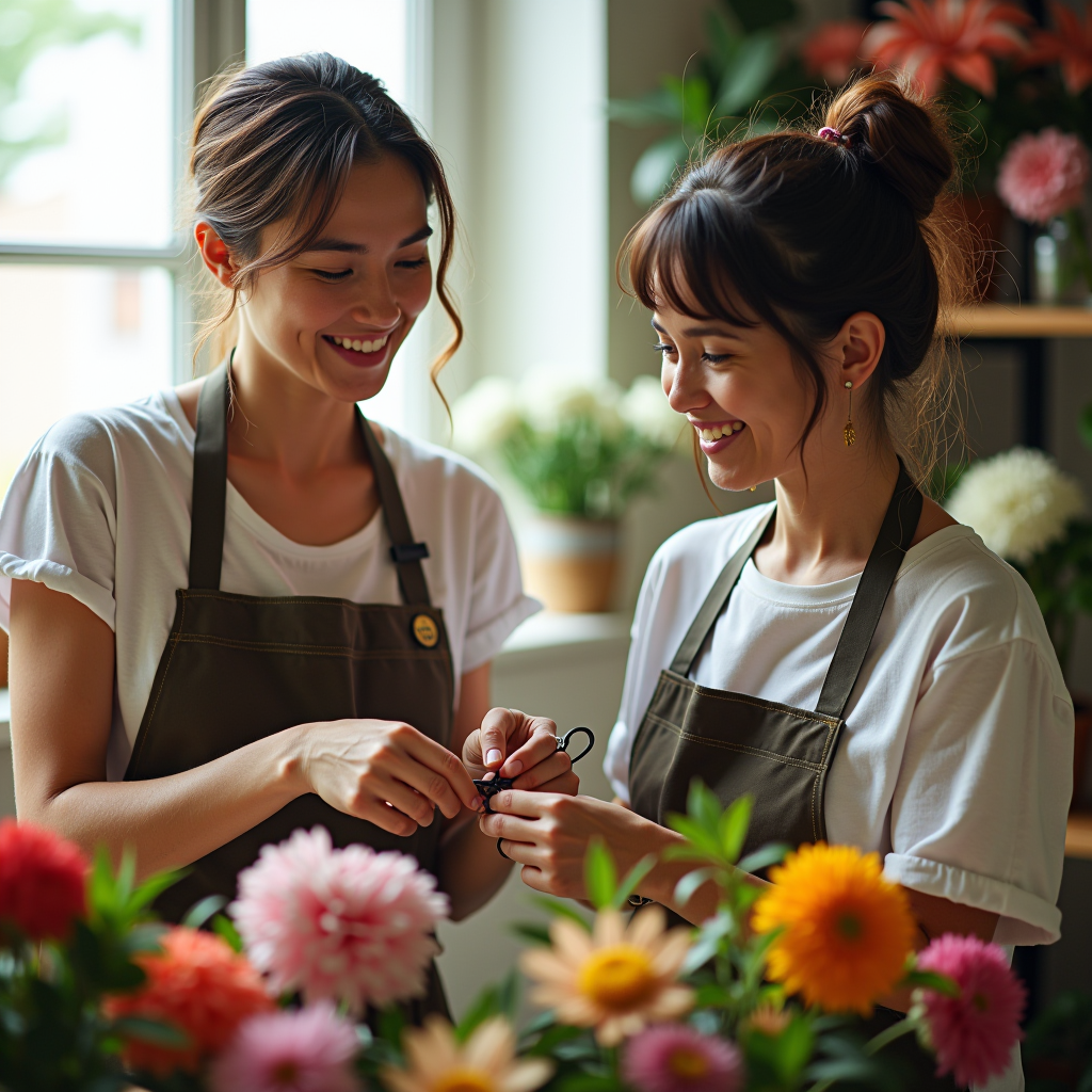 Professionelle Floristin in Arbeitsschürze zeigt einer Teilnehmerin eine Bindetechnik, beide lächeln, heller Workshopraum mit vielen bunten Blumen im Hintergrund, warmes natürliches Licht