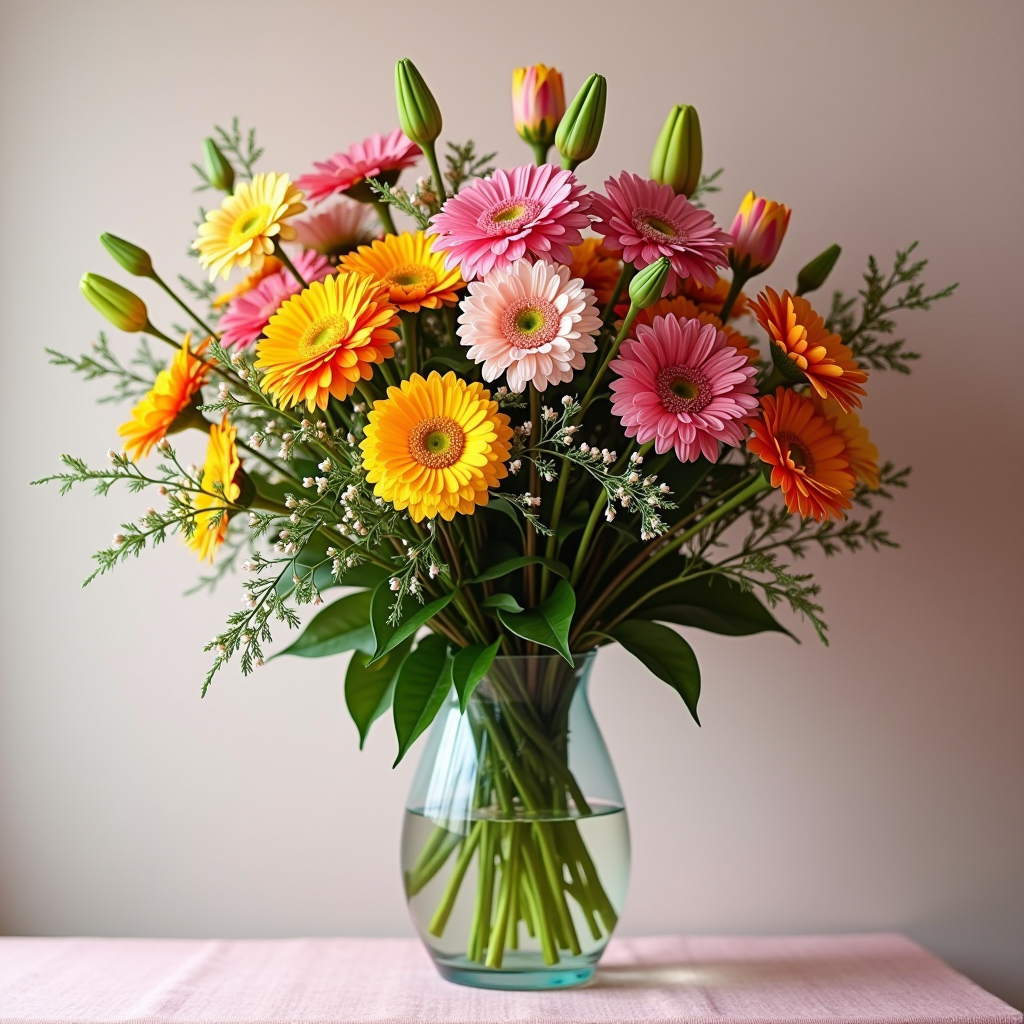 Frischer bunter Blumenstrauß in einer Vase, saisonale Blumen für regelmäßige Lieferung, verschiedene Blumensträuße im Abonnement-Service, Blumenlieferung an die Haustür mit Verpackung