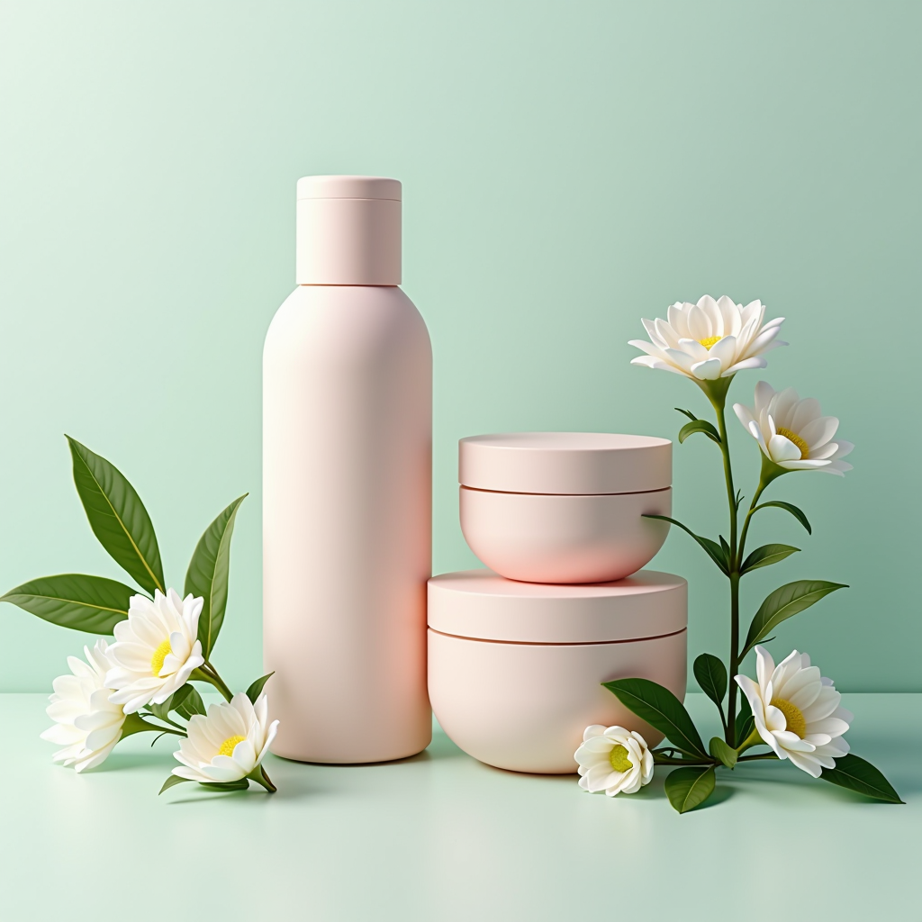 Moderne Produktpräsentation mit minimalistischer floraler Dekoration aus weißen Blumen und grünen Akzenten