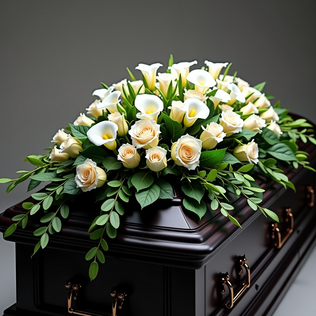 Würdevoller Sargschmuck mit weißen Callas, Rosen und Efeu in länglicher Form, elegant auf dunklem Holzsarg drapiert