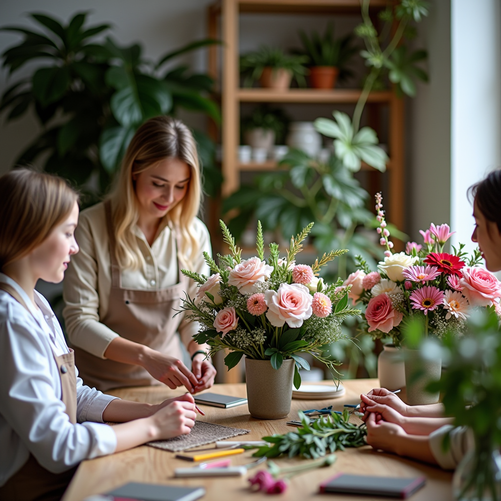 Floristik-Workshop mit Teilnehmern beim Blumenbinden, kreative Gruppe beim Gestalten von Blumensträußen, professionelle Floristin zeigt Bindetechniken, Tisch voller frischer Blumen und Werkzeuge für Workshop