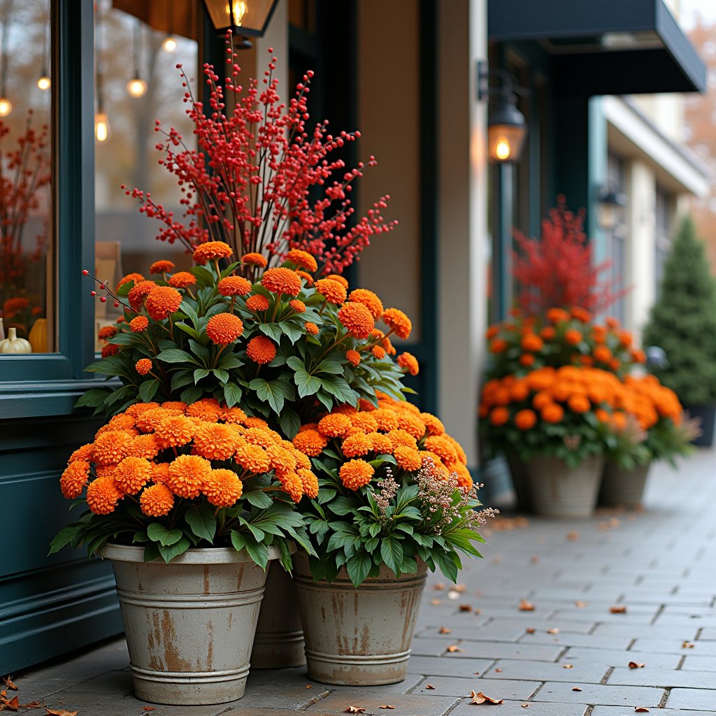 Saisonale Herbstdekoration für Geschäftsräume mit orangefarbenen Chrysanthemen, roten Beeren und herbstlichem Laub in rustikalen Gefäßen
