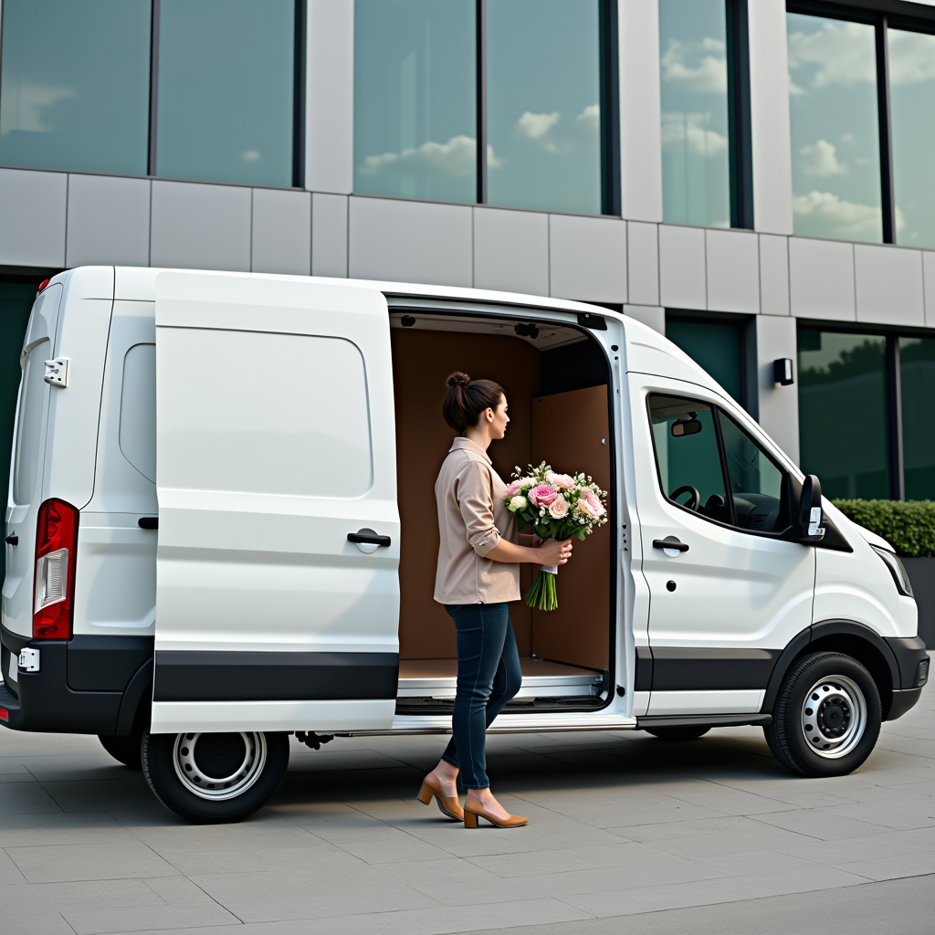 Professioneller Lieferservice mit weißem Lieferwagen und Florist beim Ausladen von Blumenarrangements vor modernem Bürogebäude