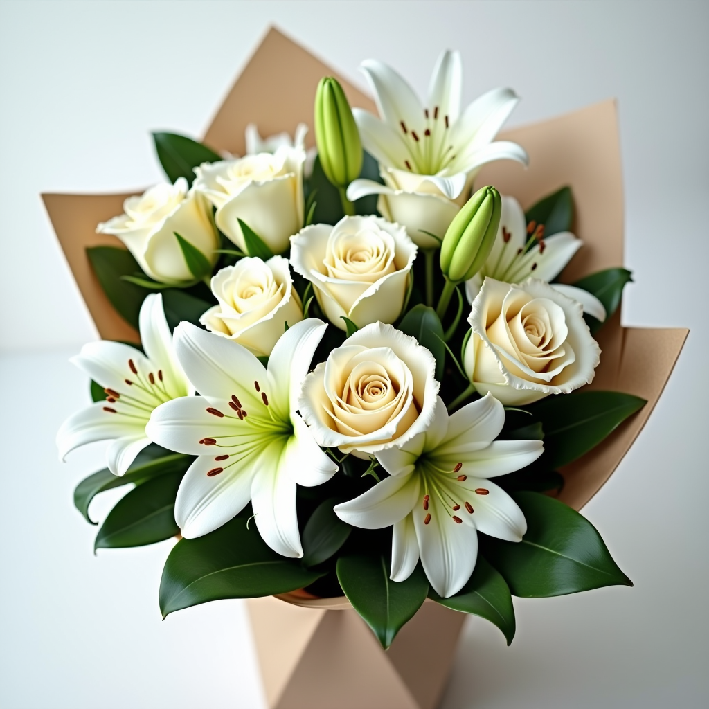 Eleganter Kondolenzstrauß mit weißen und cremefarbenen Rosen, Lilien und grünen Akzenten in weißem Papier