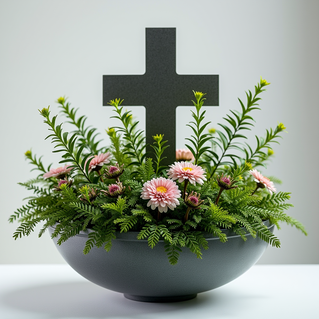 Dauerhafter Grabschmuck mit Efeu, Heidekraut und kleinen Chrysanthemen in einer Schale arrangiert