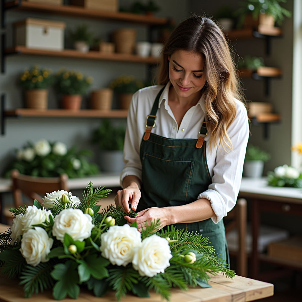 Erfahrene Floristin in ihrer Werkstatt beim sorgfältigen Binden eines individuellen Trauerkranzes mit weißen Blumen und grünen Akzenten