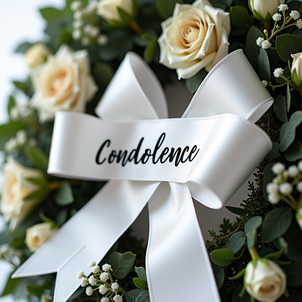 Elegante weiße Kranzschleife mit handgeschriebenem Trauertext in schwarzer Tinte, sorgfältig an einem Trauerkranz befestigt